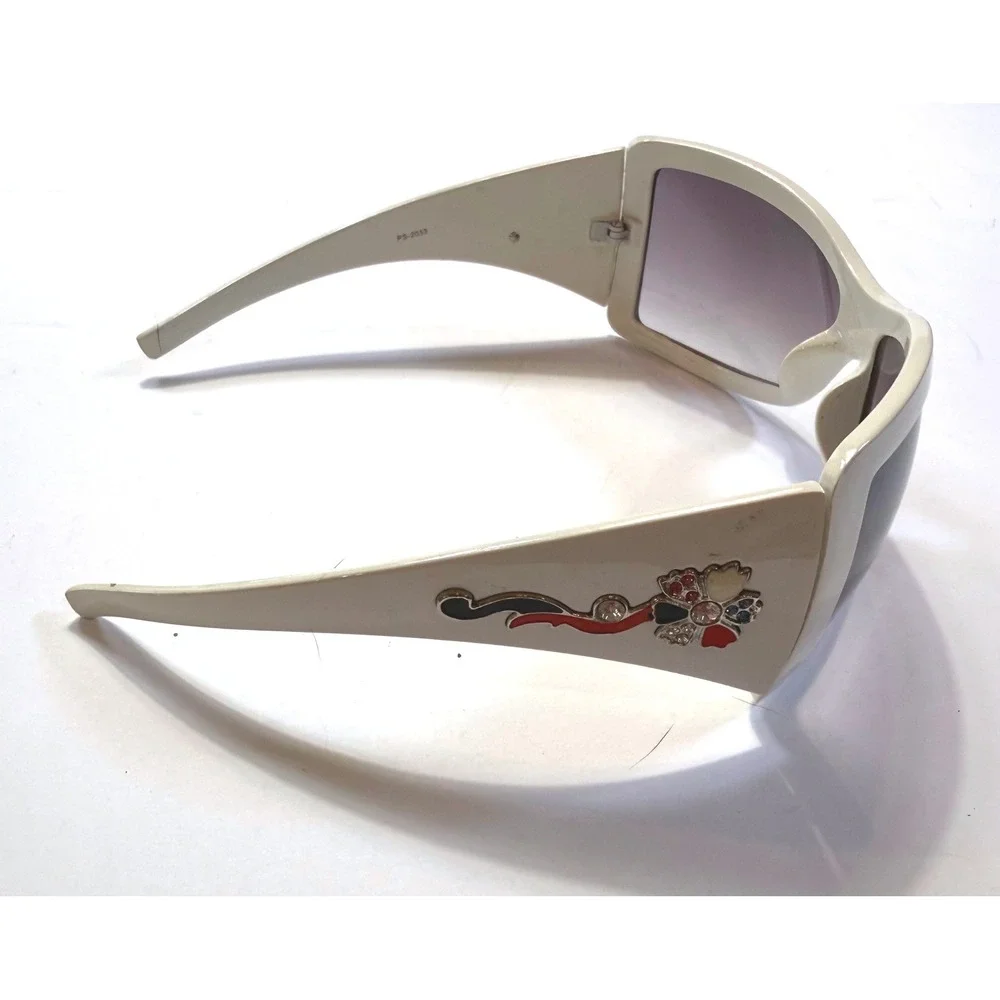 Italy Design White Shield Sunglasses Rhinestone Floral Detail  Wrap Around